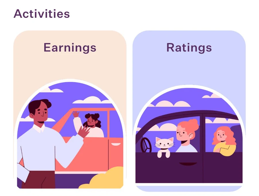 Detalle del app de Serena para profesionales, en inglés: tarjetas ilustradas Earnings (ganancias) y Ratings (calificaciones).